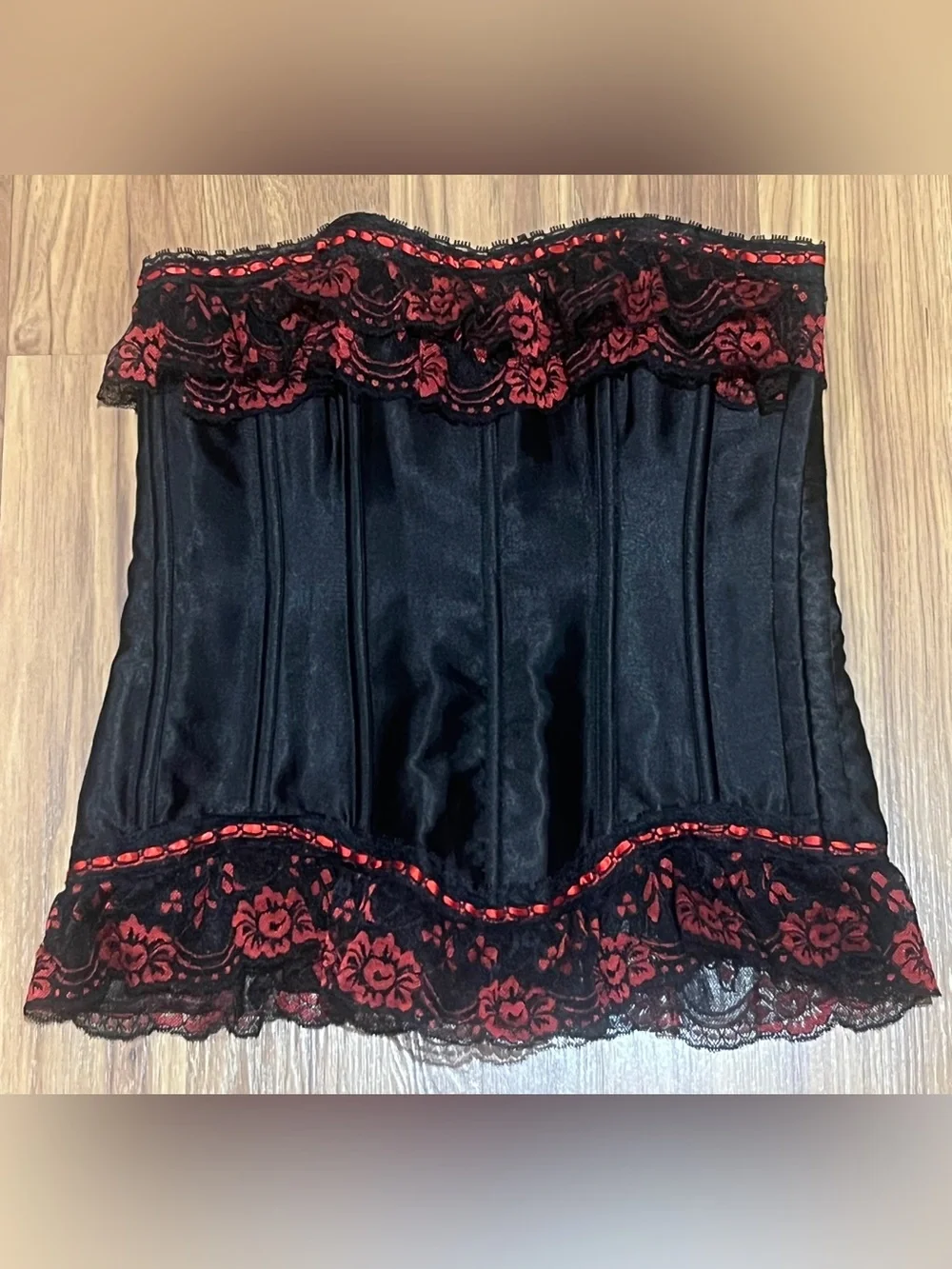 Y2K Gothic Grunge Black Satin Corset Top with Red Ruffle Lace Trim Size M